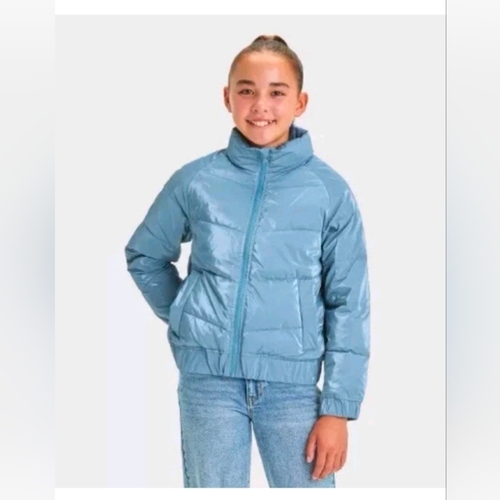 Art Class Girls' Solid Blue/Gray Shiny Puffer Jacket Size XS 4-5